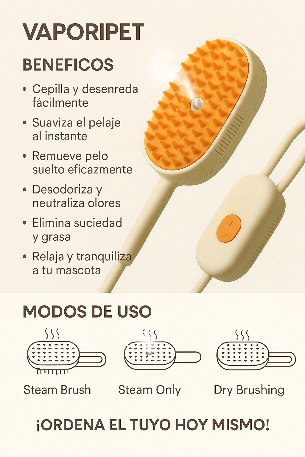 Cepillo vapor para mascotas manija