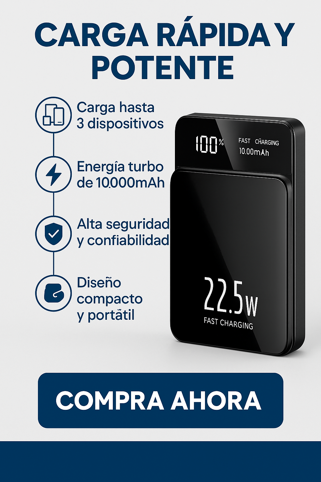 POWER MAX PRO- puedes cargar hasta 3 dispositivos al mismo tiempo, en tiempo récord y sin depender de enchufes.
